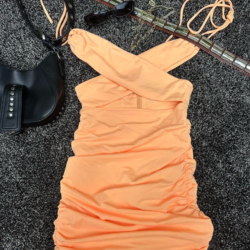 Tiger Mist Orange Asymmetrical Ruched Mini Dress